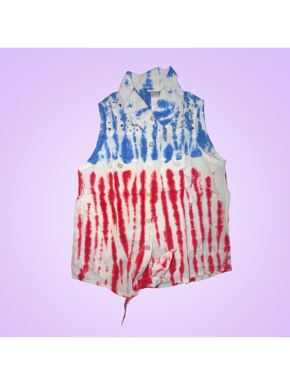 Justice Size 8  Girls Patriotic Tie Dye Studded Sleeveless Button Up Shirt Top